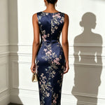 Navy Blue Floral Satin Asymmetrical Collar Sleeveless Midi Dress