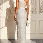 Champagne Ivory Floral Bow Satin One Shoulder Sleeveless Maxi Dress