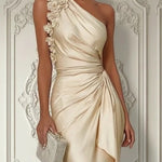 Champagne 3D Floral Ruched Satin One Shoulder Sleeveless Floor-length Gown Maxi Dress