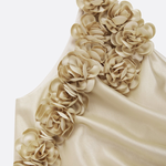 Champagne 3D Floral Ruched Satin One Shoulder Sleeveless Floor-length Gown Maxi Dress
