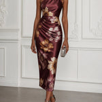 Burgundy Satin One-shoulder Midi dress With Bold Floral Appliqué