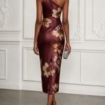 Burgundy Satin One-shoulder Midi dress With Bold Floral Appliqué
