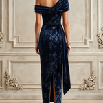 Blue Floral Split Joint Ruched Velvet One Shoulder Short Sleeve Bodycon Maxi Dress