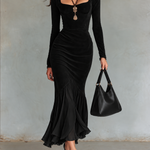 Black Square-neck Long-sleeve Chiffon Mermaid Maxi Dress