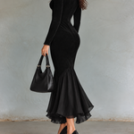 Black Square-neck Long-sleeve Chiffon Mermaid Maxi Dress