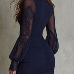 Navy Sheer Lace-panel Sweetheart-neck Mini Dress