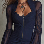 Navy Sheer Lace-panel Sweetheart-neck Mini Dress