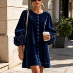 Navy Velvet Floral Button-down Mini Dress With Striking Floral Cuffs