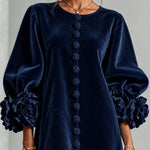 Navy Velvet Floral Button-down Mini Dress With Striking Floral Cuffs