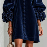 Navy Velvet Floral Button-down Mini Dress With Striking Floral Cuffs