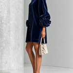 Navy Velvet Floral Button-down Mini Dress With Striking Floral Cuffs