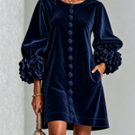 Navy Velvet Floral Button-down Mini Dress With Striking Floral Cuffs