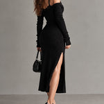Black Ribbed Off Shoulder Midi Dress With Lace Trim