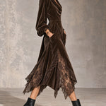 Brown Velvet Cowl Neck Asymmetrical Lace Hem Midi Dress