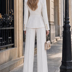 White Pleated Lapel Single-Button Peplum Blazer & Wide-Leg Pants Set