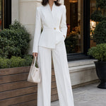 White Pleated Lapel Single-Button Peplum Blazer & Wide-Leg Pants Set