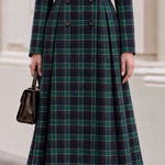 Green Tartan Plaid Stand Collar Double Breasted Midi Coat Dress
