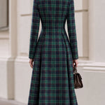 Green Tartan Plaid Stand Collar Double Breasted Midi Coat Dress