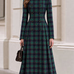 Green Tartan Plaid Stand Collar Double Breasted Midi Coat Dress