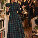 Green Tartan Plaid Stand Collar Double Breasted Midi Coat Dress