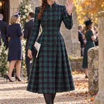 Green Tartan Plaid Stand Collar Double Breasted Midi Coat Dress
