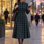 Green Tartan Plaid Stand Collar Double Breasted Midi Coat Dress