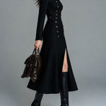Black Double-Breasted Button Slit Midi Dress