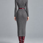 Grey High Neck Ribbed-knit Slim-fit Midi Dress With Belt