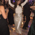 White Boat Neck Long Sleeve Champagne Sequin Pencil Midi Dress
