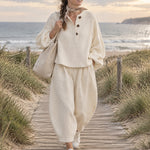 Beige Vertical Waffle-knit Henley Loose Top And Loose Lantern Pants Set