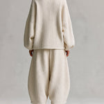 Beige Vertical Waffle-knit Henley Loose Top And Loose Lantern Pants Set