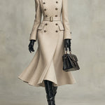 Elegant Beige Double Breasted Wool Midi Coat With Belt
