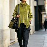 Velvet Asymmetric Button Turtleneck Top