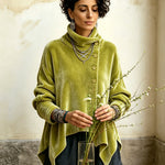 Velvet Asymmetric Button Turtleneck Top