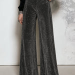 Black Star Embellished Velvet Top and Silver Gray Wide-Leg Pants Set