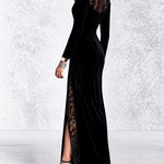 Black Velvet V-neck Maxi Dress With Sheer Floral Lace Panels