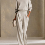 Gray Boat Neck Top & High Waist Pleated Wide Leg Pants Set