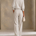 Gray Boat Neck Top & High Waist Pleated Wide Leg Pants Set