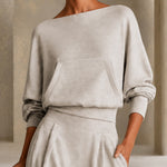 Gray Boat Neck Top & High Waist Pleated Wide Leg Pants Set