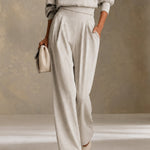 Gray Boat Neck Top & High Waist Pleated Wide Leg Pants Set
