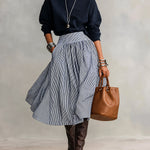 Navy Oversized Sweatshirt And Blue White Striped A-line Skirt Set