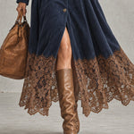 Navy Faux Suede Midi Shirt Dress With Brown Lace Hem