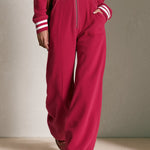 Burgundy Hooded Zip-up Jumpsuit With Striped Cuffs