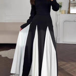 Elegant Black and White Colorblock Round Neck Waist Long Sleeve Dress