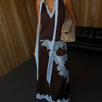 Elegant Brown and Blue Lace Panel Top + Skirt Suit Set