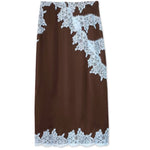 Elegant Brown and Blue Lace Panel Top + Skirt Suit Set
