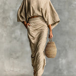 Cotton And Linen Blend Bat Sleeve Long Skirt Two-piece Set