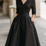 Elegant Black Satin Pleated V-neck A-line Midi Dress