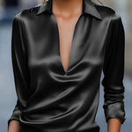 Solid Color Satin V-neck Long-sleeved Casual Shirt