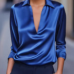 Solid Color Satin V-neck Long-sleeved Casual Shirt